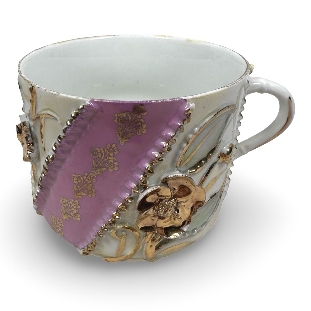 Antique MV Co Germany Hand Painted 3D Floral Porcelain Teacup Pink Gold Gilt
